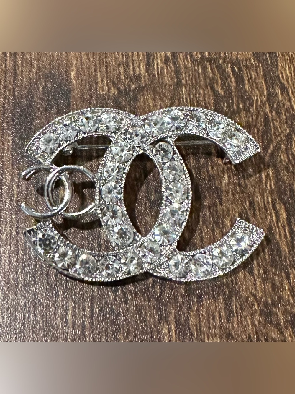 Crystal Double-C Logo Brooch - Silver Rhinestone Accent